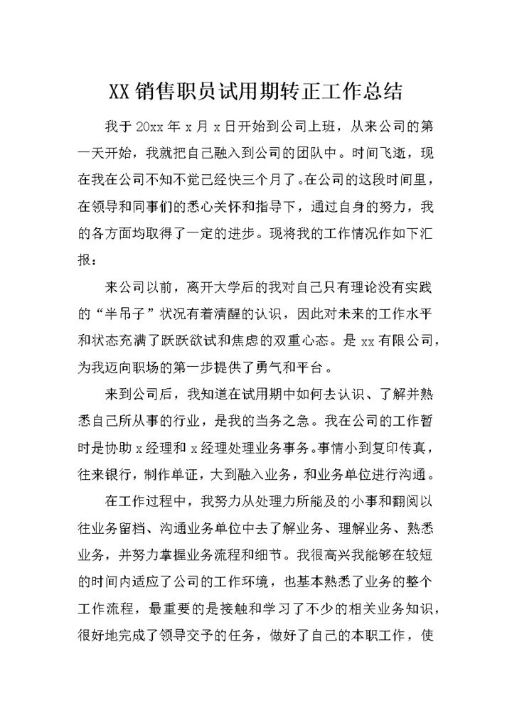 销售职员个人试用期转正年终工作总结Word模板-办公资源网