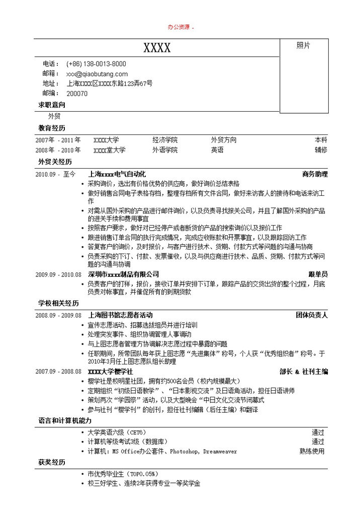 应聘外贸招聘简历求职简介Word模板-办公资源网