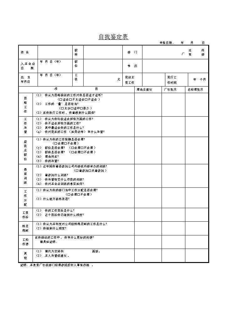 工作职称意向鉴定填报表工作情况调查word模板-办公资源网