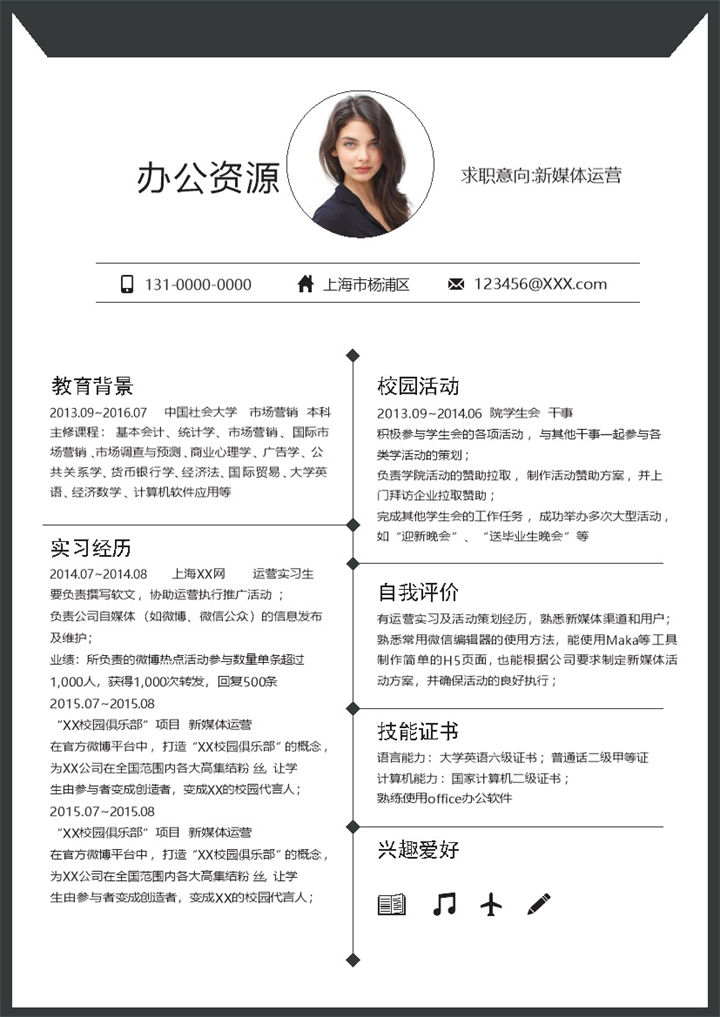 黑白简约新媒体运营工作岗位求职简历Word模板-办公资源网