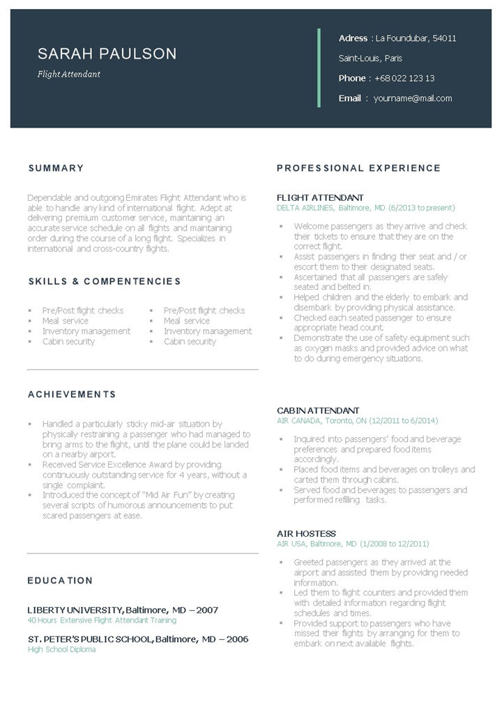 经典欧美风纯英文简历飞行服务员求职通用个人简历自荐信Word模板-办公资源网