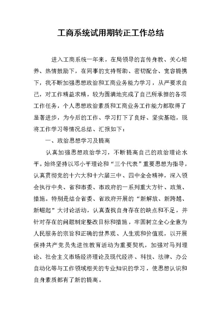 工商系统个人试用期转正工作总结年终总结Word模板-办公资源网