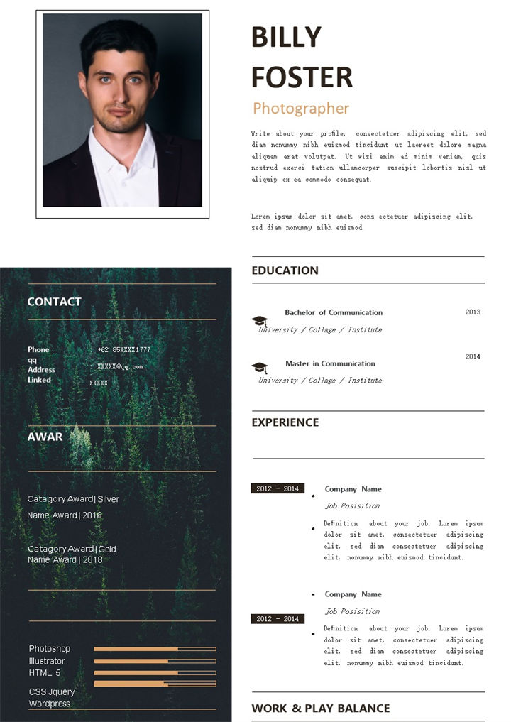 简约大气摄影师岗位个人通用英文简历Word模板-办公资源网