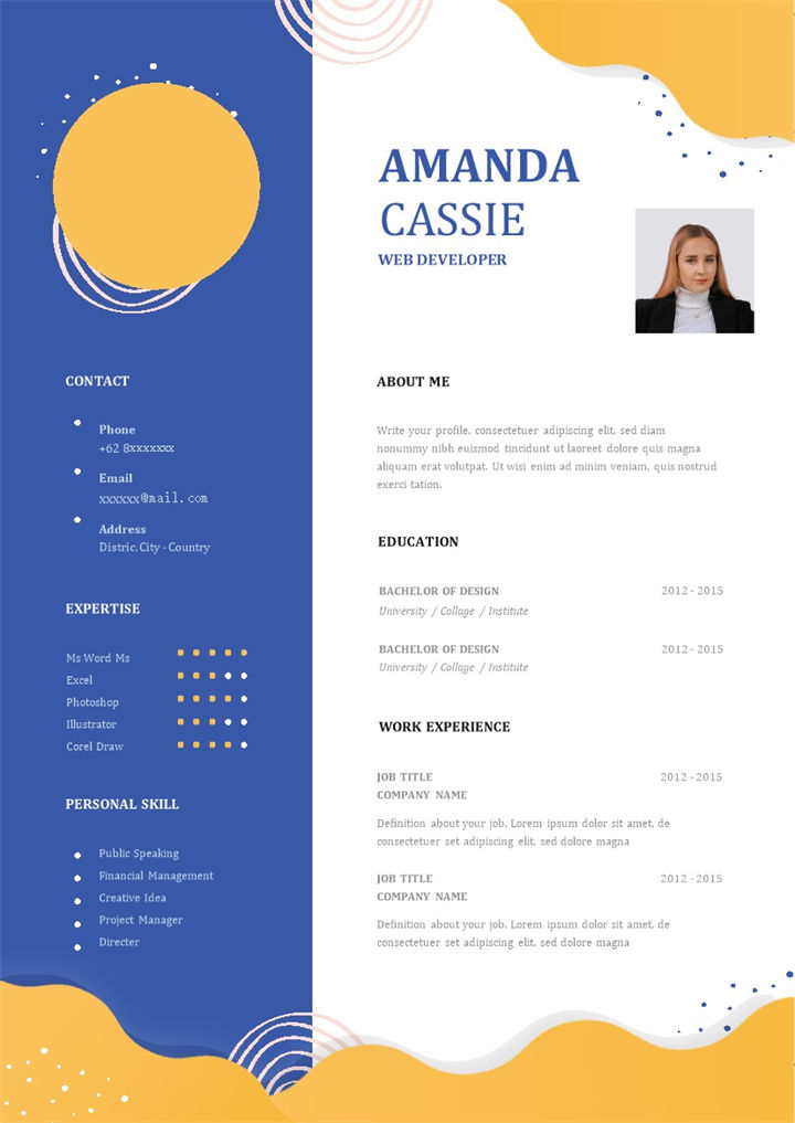 蓝黄色创意商务风格个人求职英文简历Word模板-办公资源网