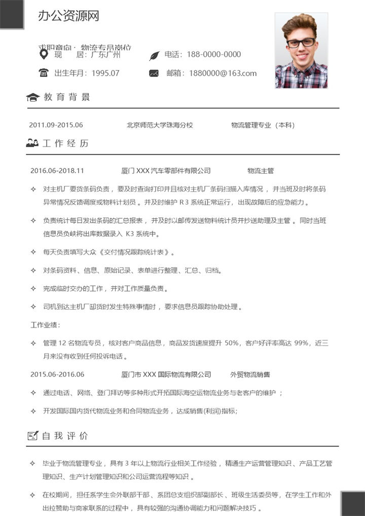 白色简约风格物流管理专业个人求职简历Word模板-办公资源网