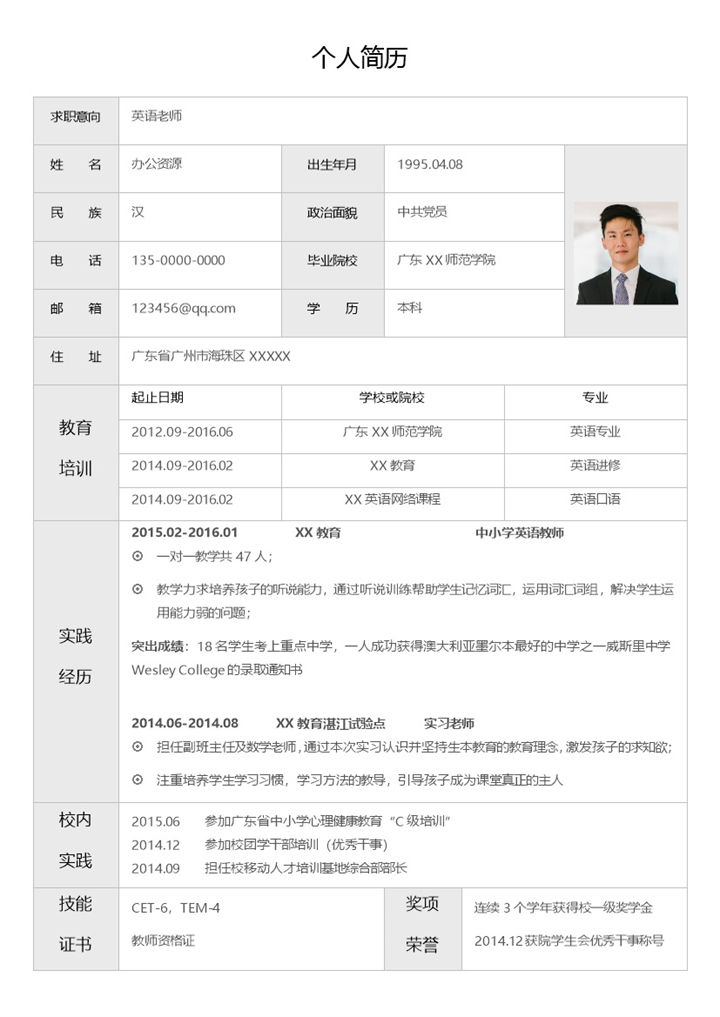 表格式英语老师岗位个人求职简历word模板-办公资源网