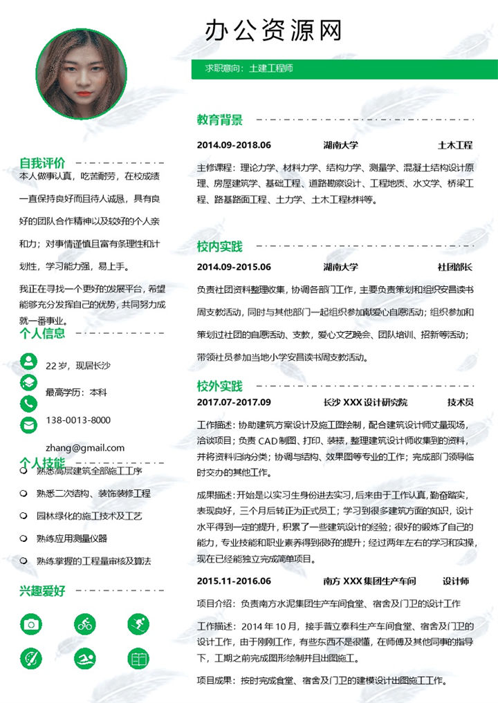 绿色小清新风土建工程师个人应聘简历Word模板-办公资源网