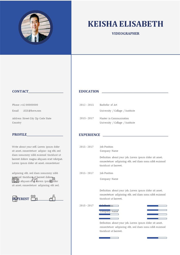 蓝色简约摄影师求职通用简历Word模板-办公资源网