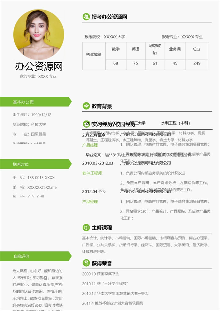 绿色简约风格国际贸易专业个人求职简历Word模板-办公资源网