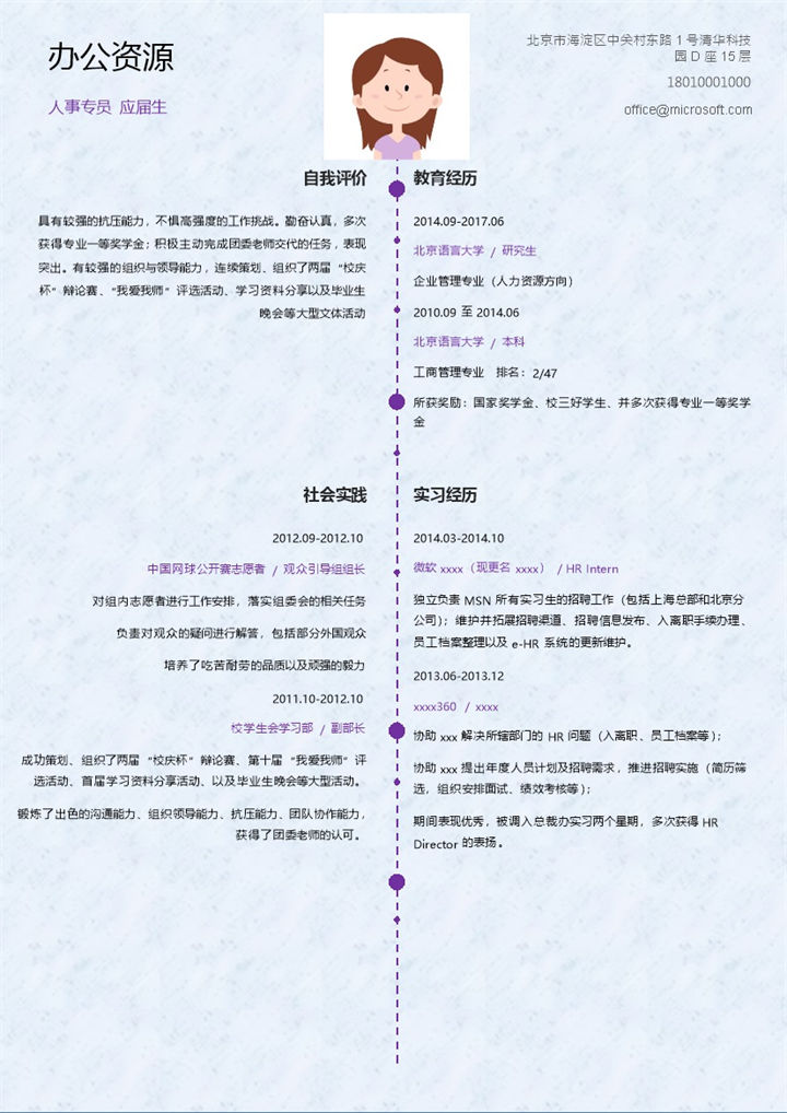 简洁蓝色人事专员个人求职简历Word模板-办公资源网