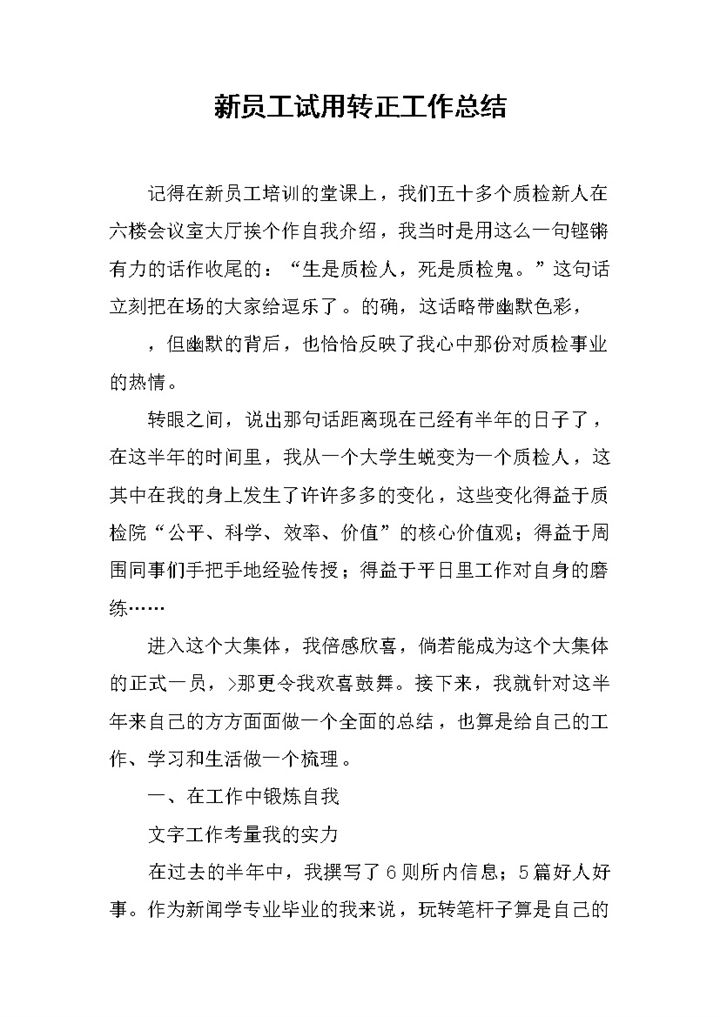 新员工实习试用转正工作总结汇报Word模板-办公资源网
