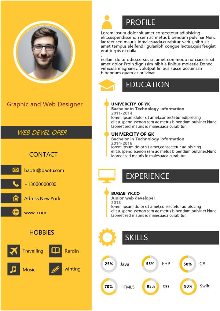 黄色时尚外企英文个人求职简历Word模板-办公资源网