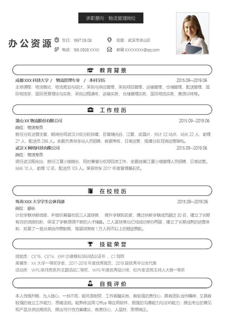 白色简约风格物流管理岗位个人简历Word模板-办公资源网