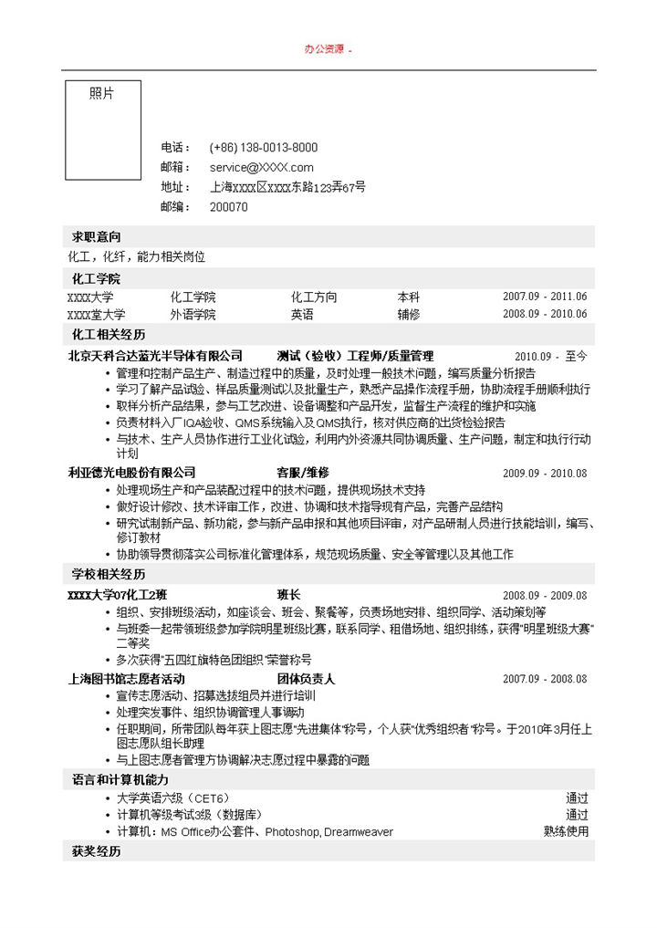 化工类岗位招聘简历求职简介Word模板-办公资源网