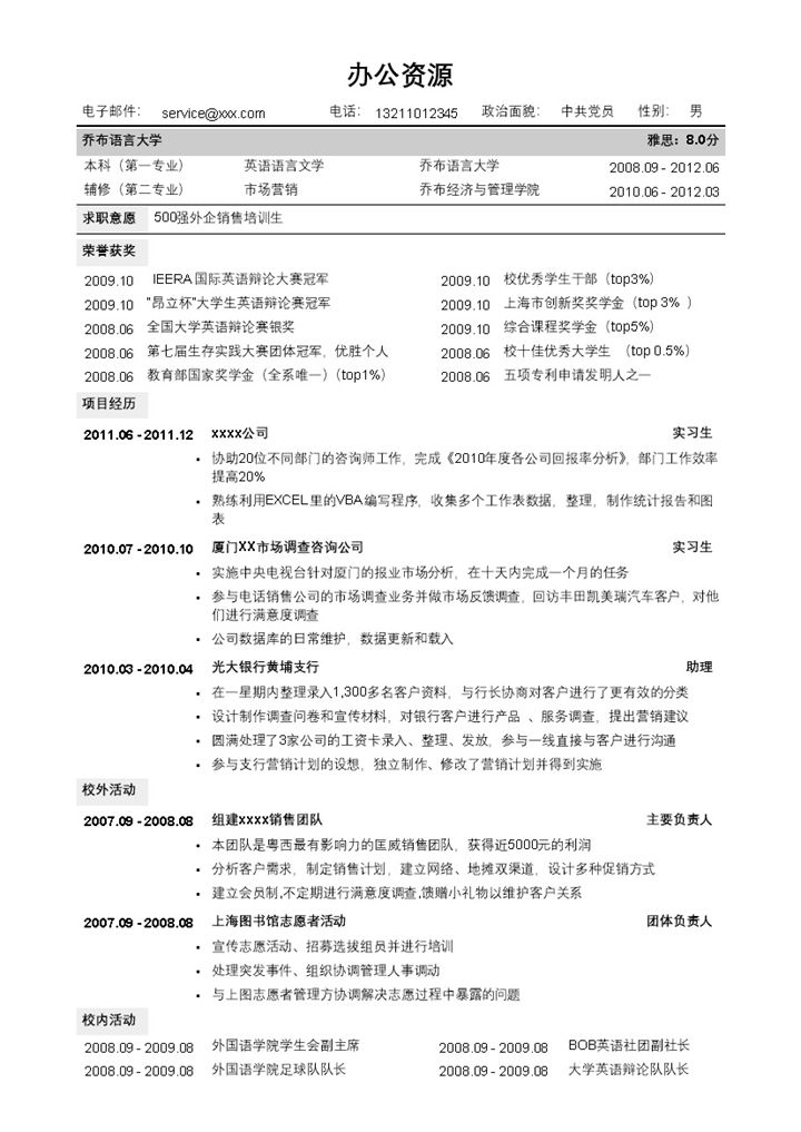 通用类简历销售求职自我介绍Word模板-办公资源网