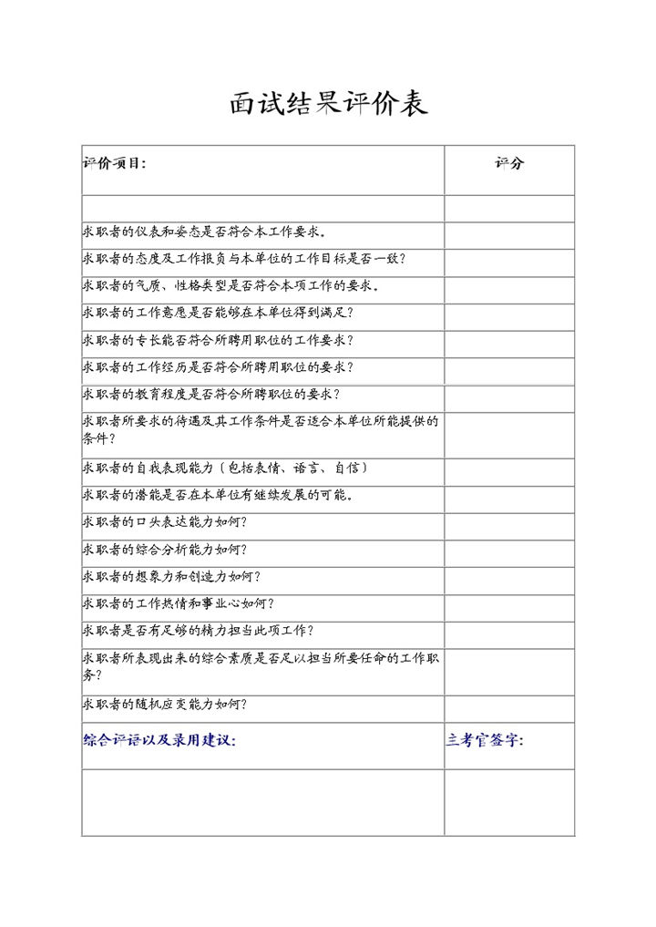 人力资源部门常用面试结果评价表Word模板-办公资源网