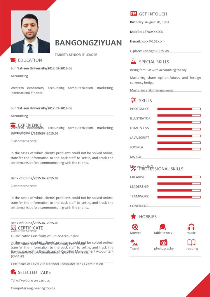 红白简约英文版高级it主管个人工作简历Word模板-办公资源网