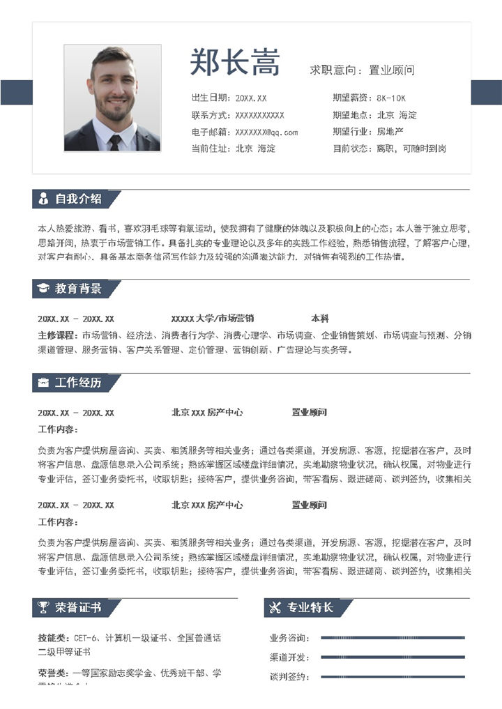 稳重大气置业顾问岗位个人求职简历Word模板-办公资源网