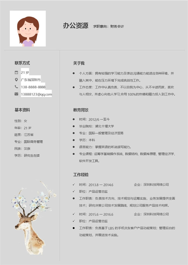 灰色板块财务会计行政管理个人求职简历Word模板-办公资源网