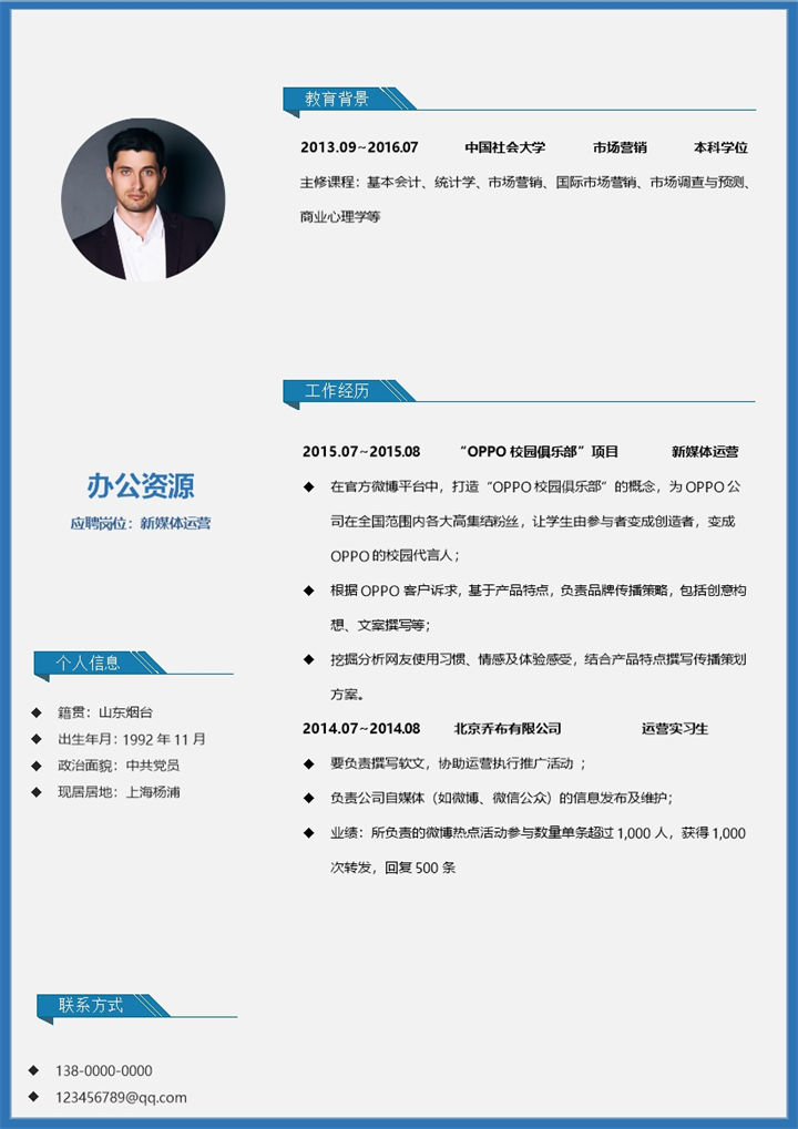 新媒体运营专员市场专员通用的个人简历求职简历Word模板-办公资源网