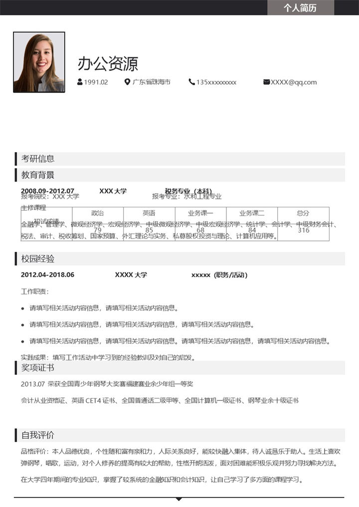 水利工程专业研究生个人复试简历Word模板 (2)-办公资源网