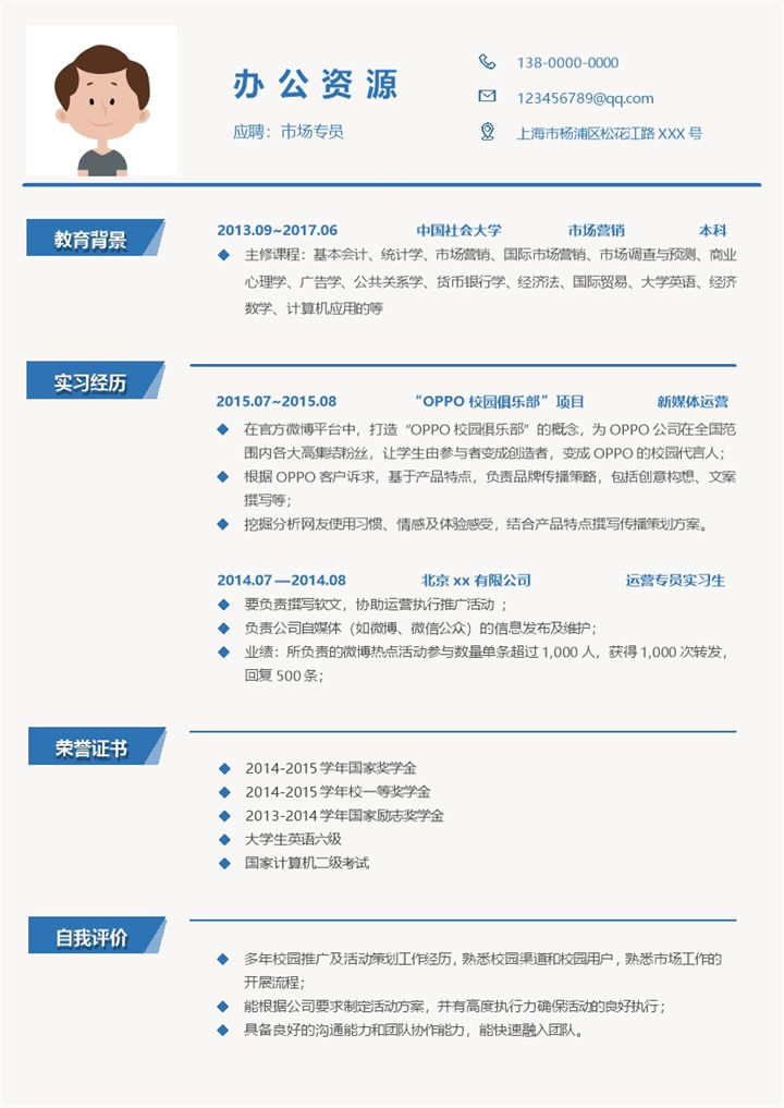 市场专员工作销售简历求职Word模板-办公资源网