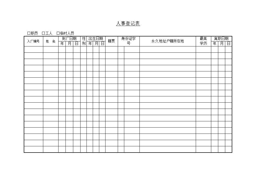 工厂员工来厂日期人事登记详情表word模板-办公资源网