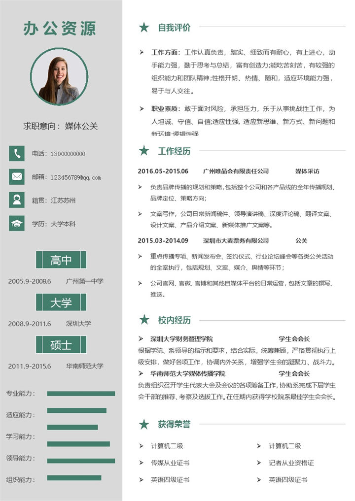 简约灰绿色pr媒体公关工作求职简历Word模板-办公资源网
