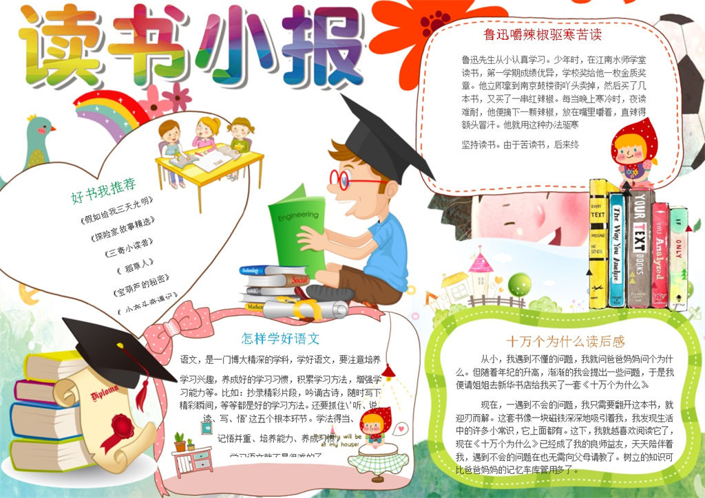 彩色卡通读书小报手抄报Word模板-办公资源网