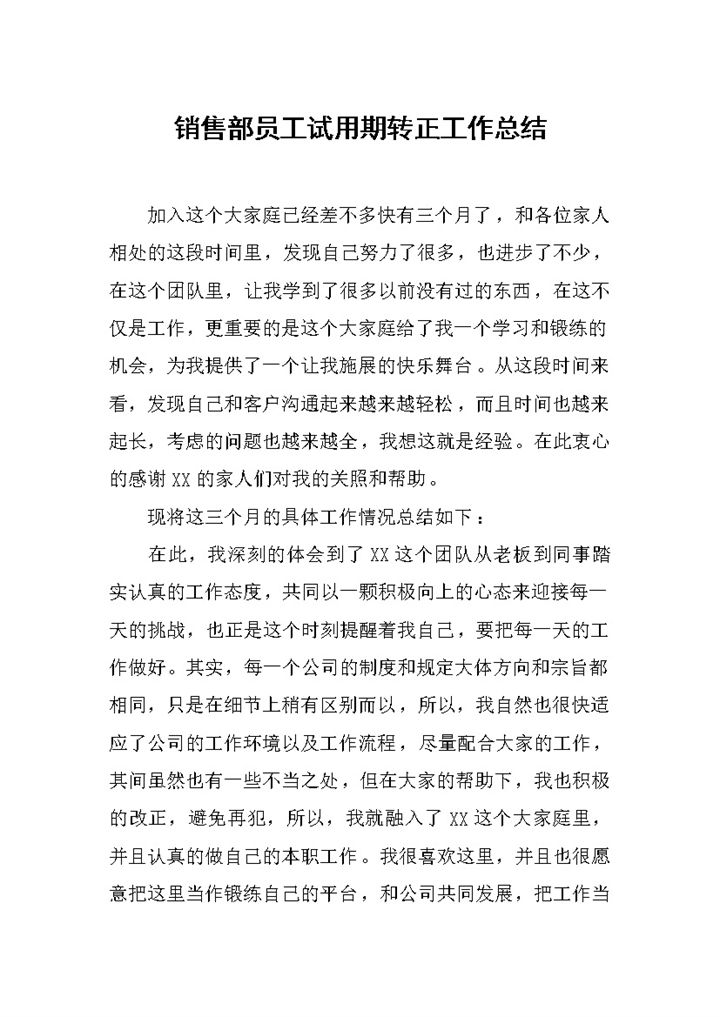 简单实用销售部员工试用期转正年终工作总结Word模板-办公资源网