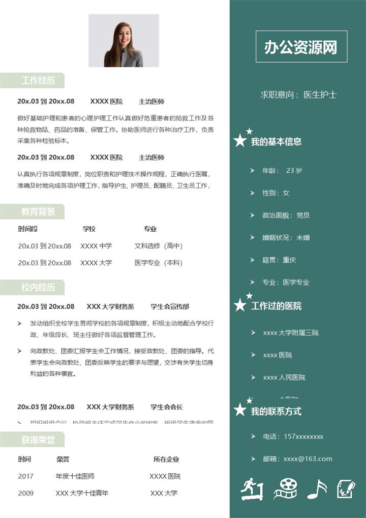 绿色商务风格医生护士个人求职简历Word模板-办公资源网