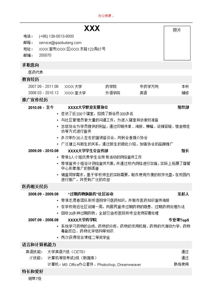 求职医药代表招聘简历个人求职Word模板-办公资源网