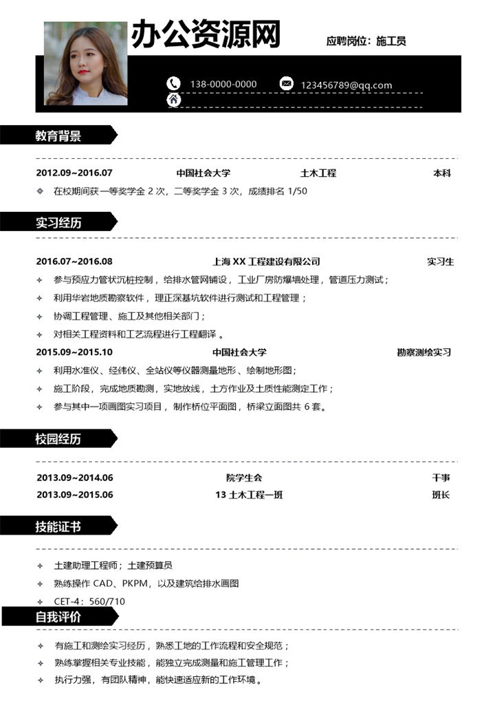 黑色商务风格施工员个人求职简历Word模板-办公资源网