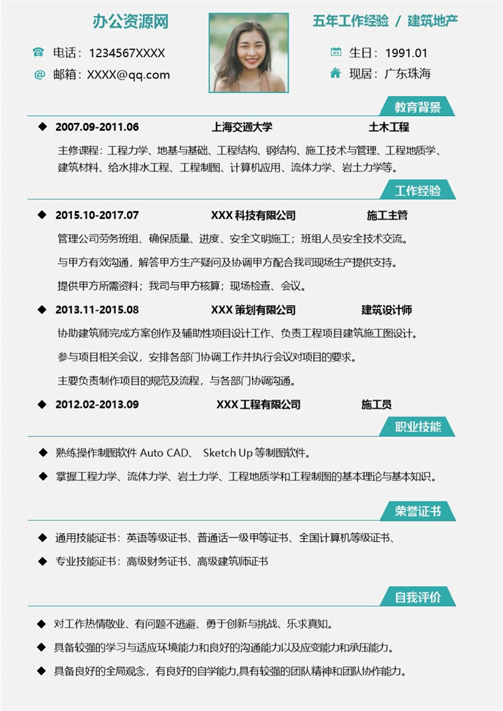 白色简约风格建筑地产个人求职简历Word模板-办公资源网