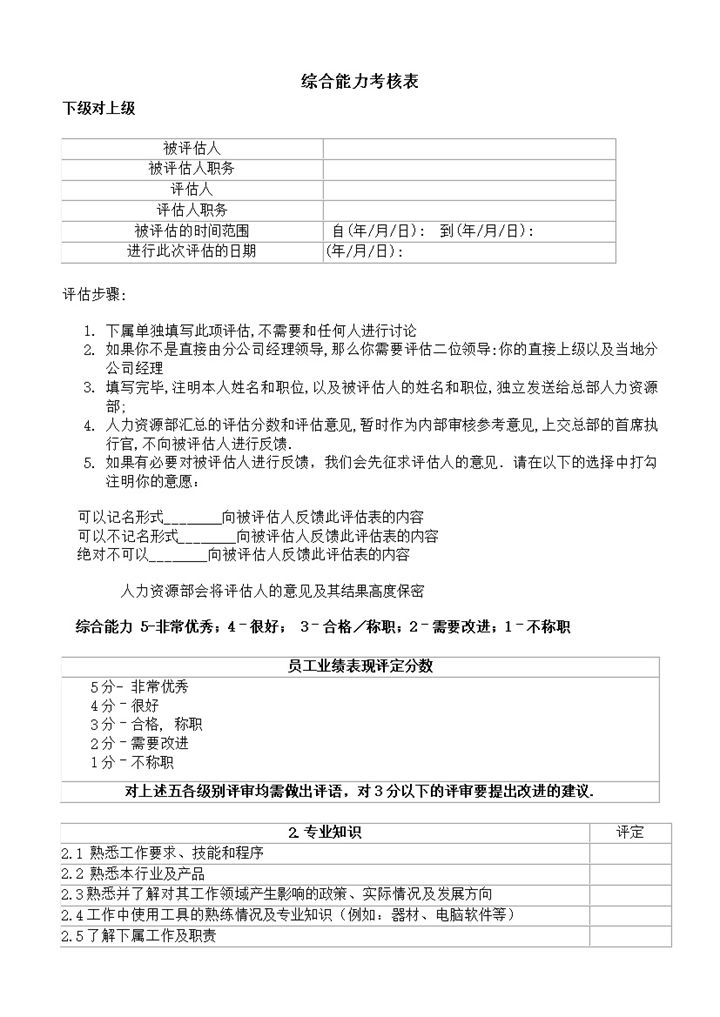 员工业绩评定综合能力考核表word模板-办公资源网
