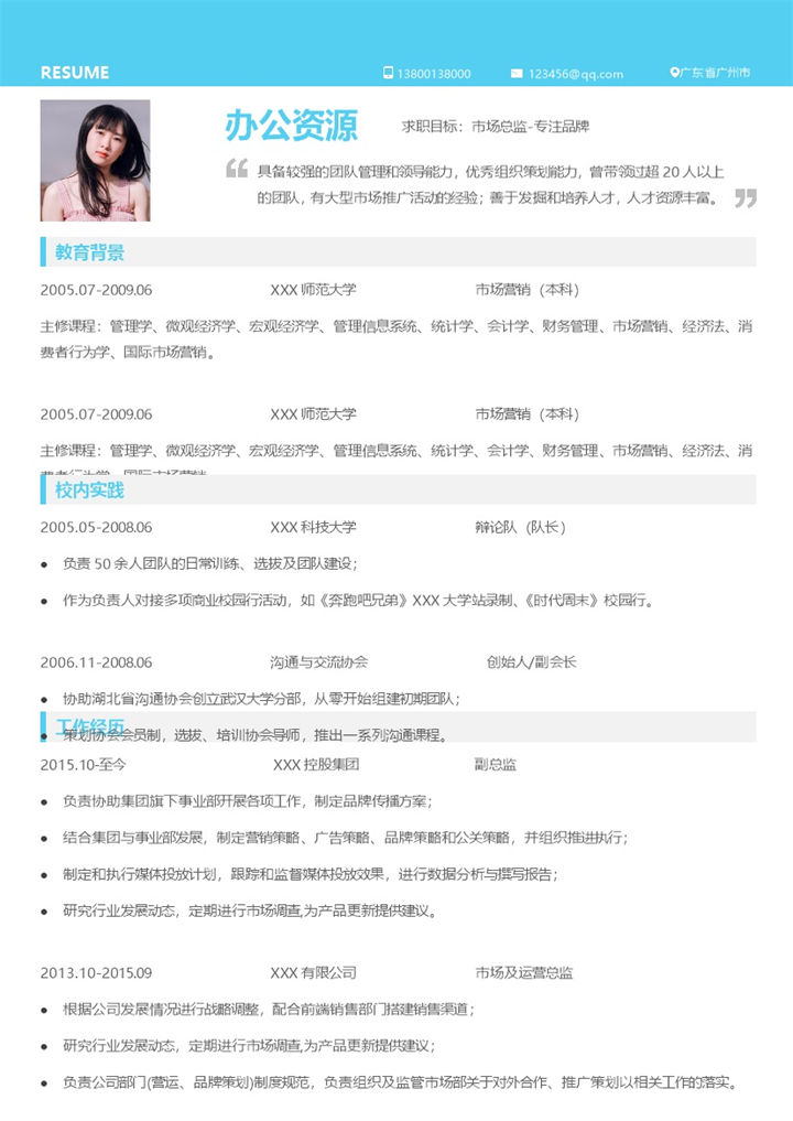 市场营销市场总监个人简历Word模板-办公资源网