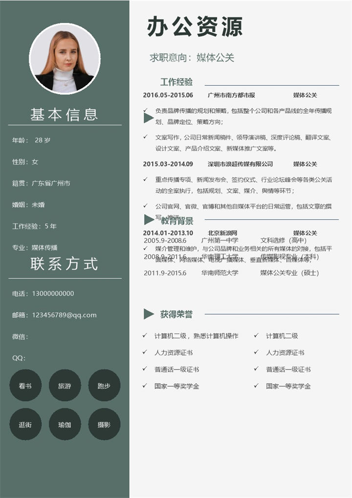 绿色简约风通用媒体公关pr求职简历Word模板-办公资源网