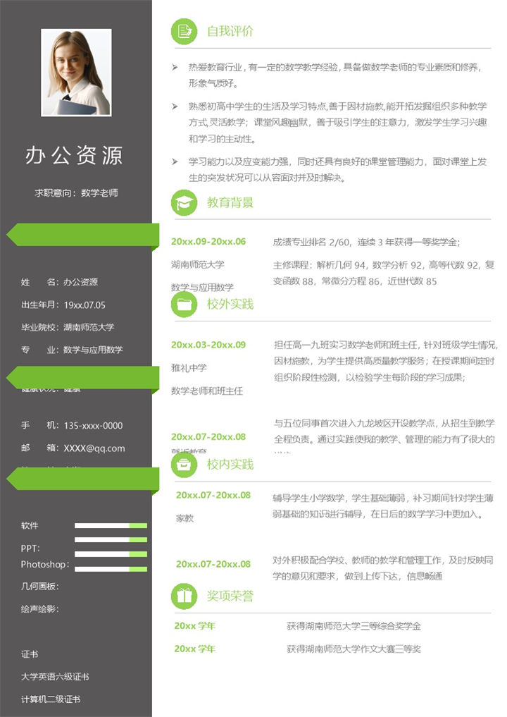 黑色沉稳数学老师个人求职简历Word模板-办公资源网