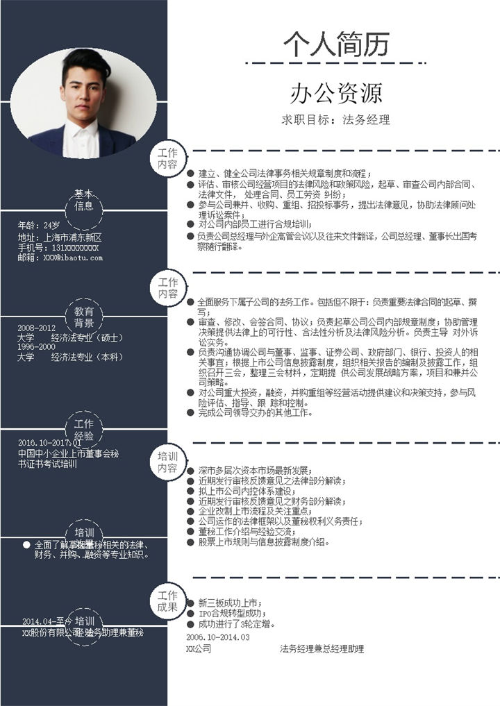 黑色商务风格法务经理个人求职简历Word模板-办公资源网