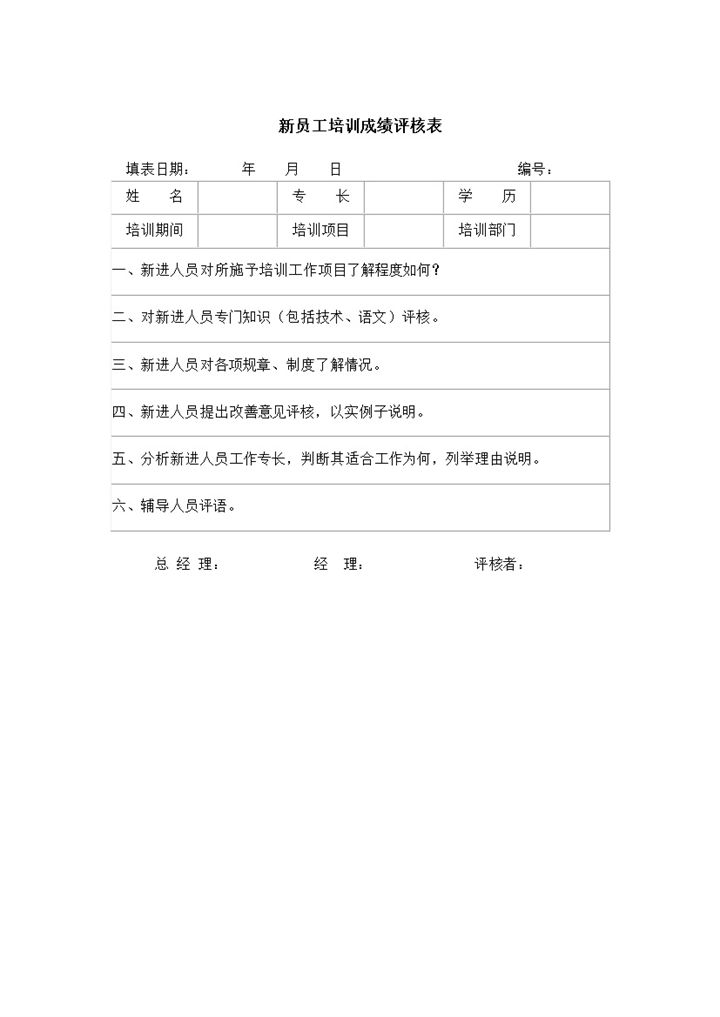 公司正式员工培训成果考核成绩评定审核表word模板-办公资源网