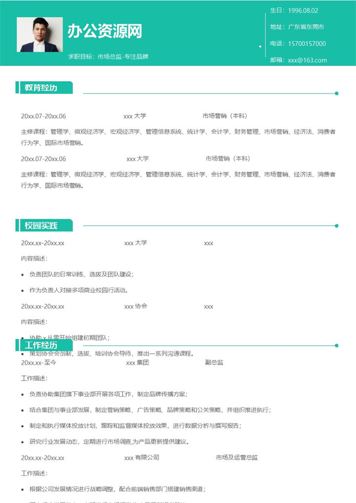 绿色简约风格市场总监个人求职简历Word模板-办公资源网