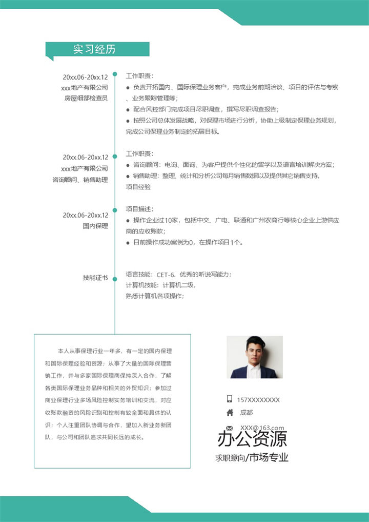 绿色简约风格市场专业个人求职简历Word模板-办公资源网