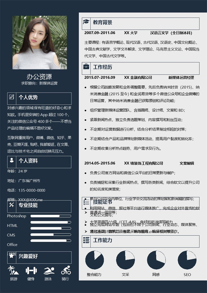 黑色新媒体运营工作通用求职简历Word模板-办公资源网