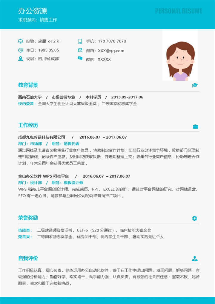 小清新极简板块市场销售销售主管求职Word简历模板-办公资源网