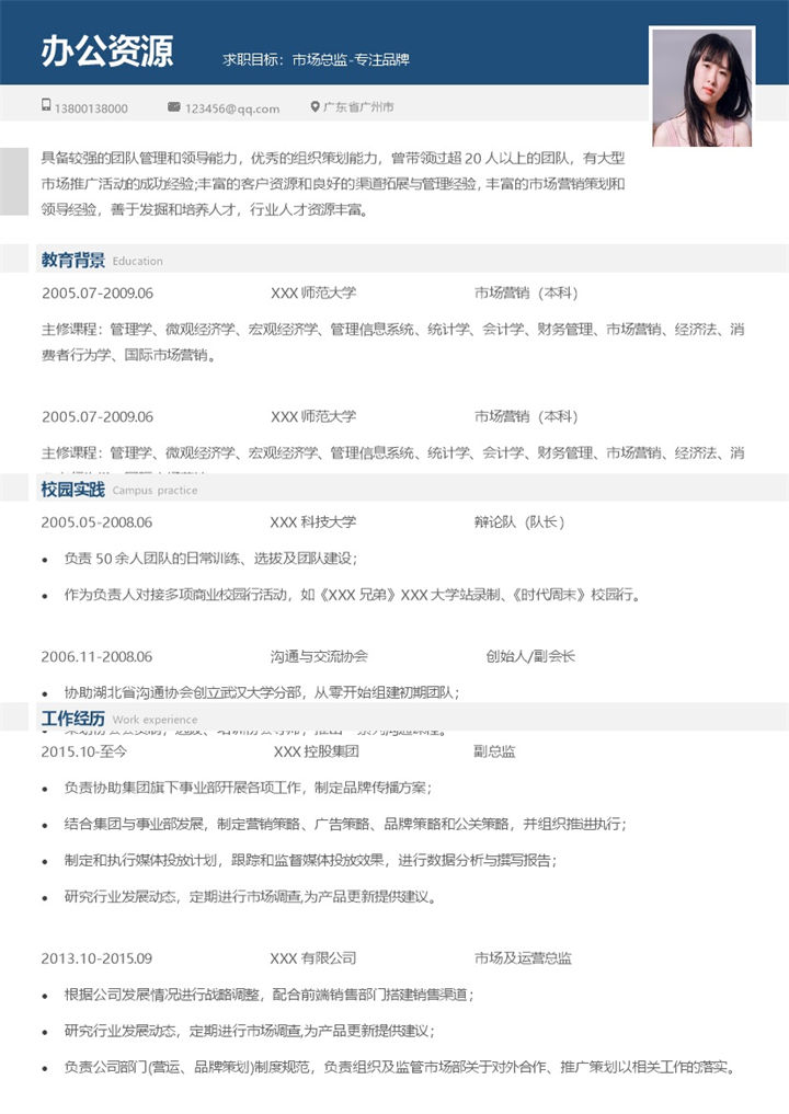 精美蓝白色市场总监个人简历Word模板-办公资源网