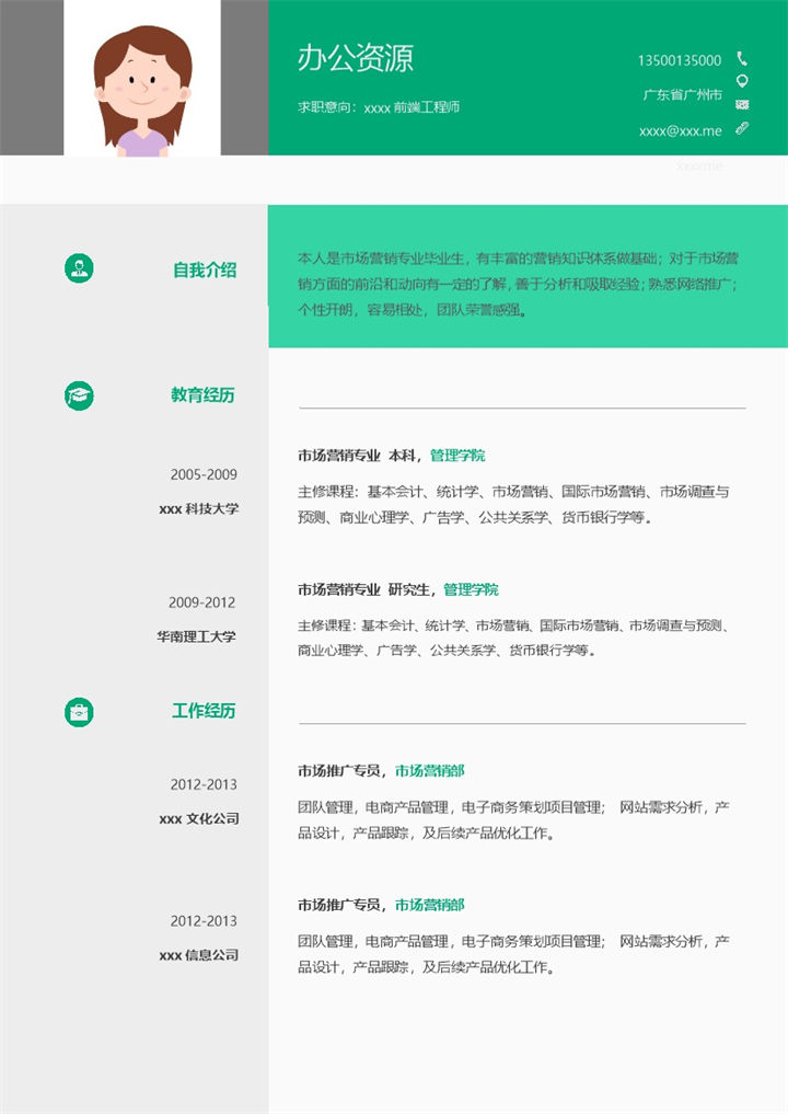 绿色板块组成前端工程师求职简历Word模板-办公资源网