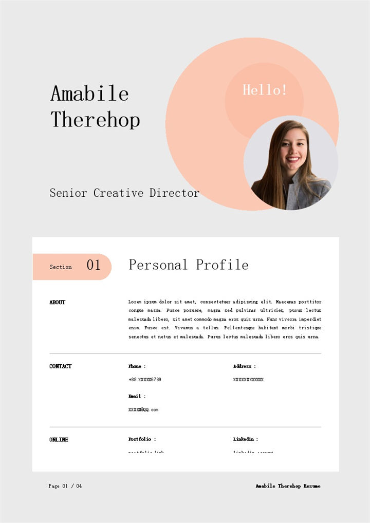 精致时尚资深创意总监岗位个人英文版简历Word模板-办公资源网