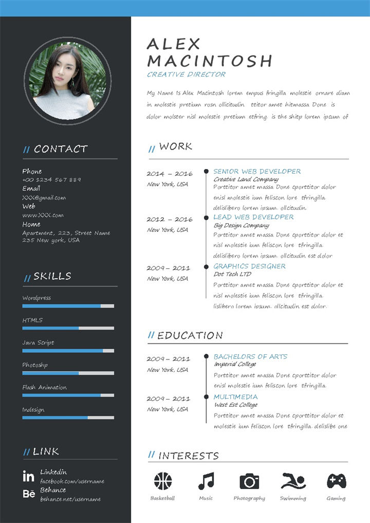 黑色大气创意总监求职简历个人简历Word模板-办公资源网