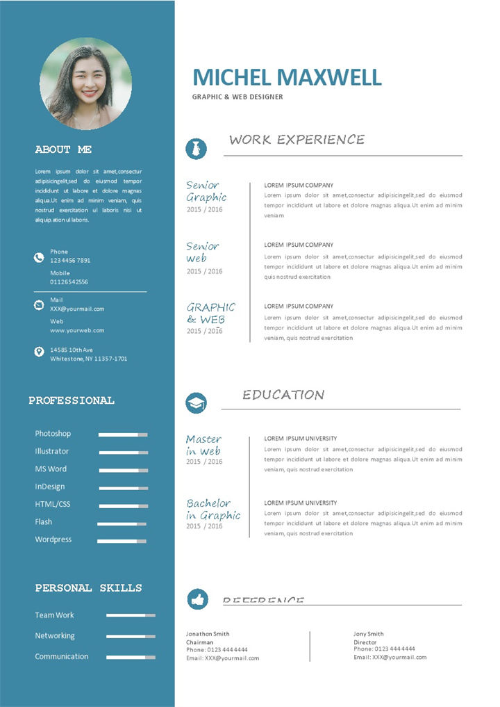 蓝色商务风平面设计师求职通用简历Word模板-办公资源网