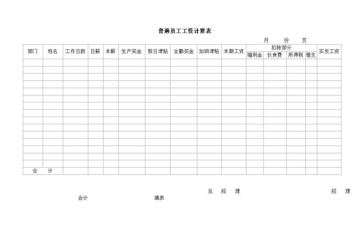 普遍员工工资计算word模板-办公资源网